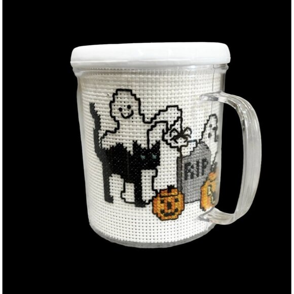 Vintage 1980s Cross Stitch Mug Halloween Ghost Graveyard Black Cat Pumpkin New - Picture 1 of 5